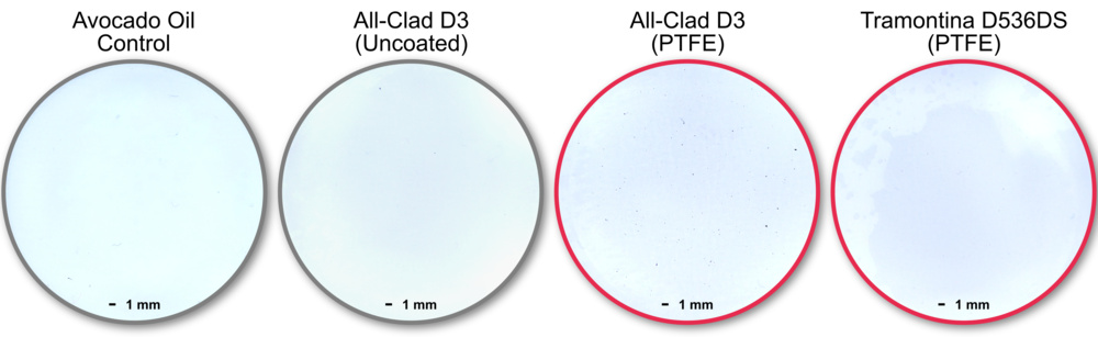 Photographs of representative membrane filters from the new-condition skillet tests, including avocado oil and uncoated skillet controls.