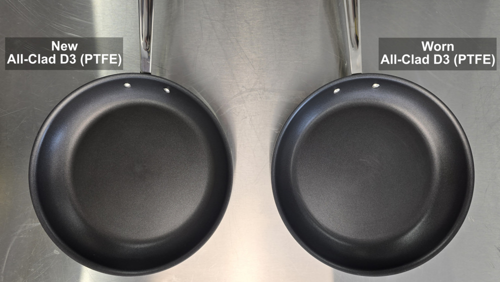 Photograph of a brand-new All-Clad D3 PTFE skillet beside the same model after the standardized mechanical wear procedure.