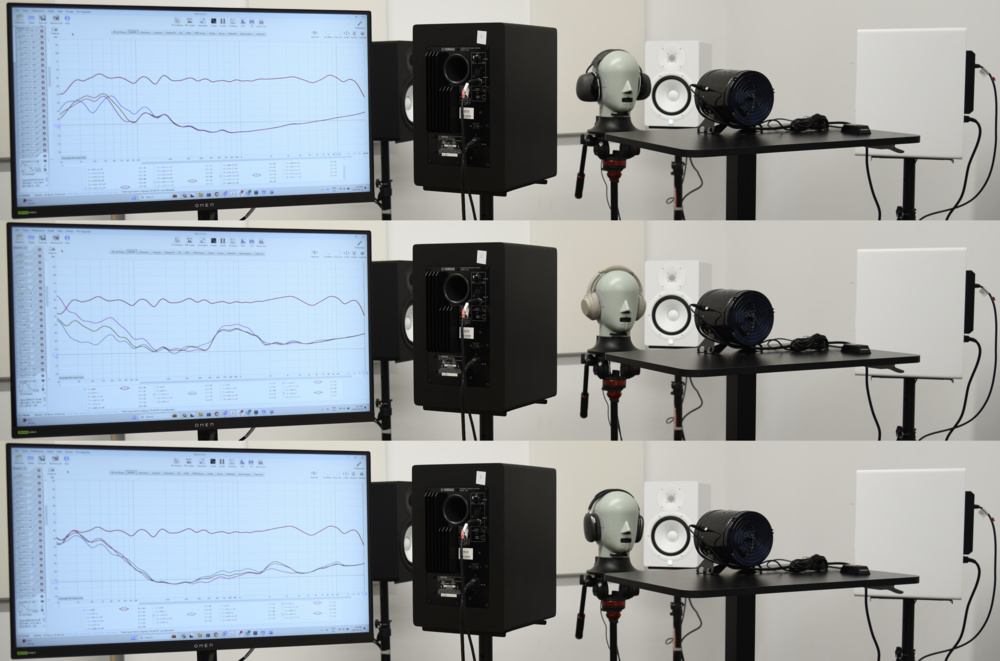 Collage of photos of earmuffs and headphones being tested in our new noise isolation testing setup.