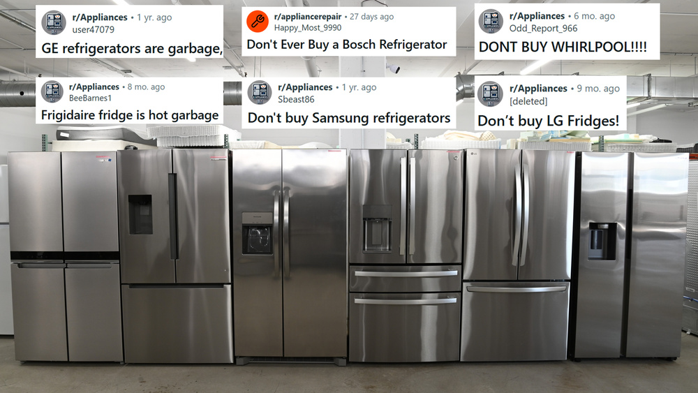 A row of six refrigerator models from each of the tested brands in the RTINGS.com lab, overlaid with Reddit comments criticizing GE, Bosch, Whirlpool, Frigidaire, Samsung, and LG refrigerators.