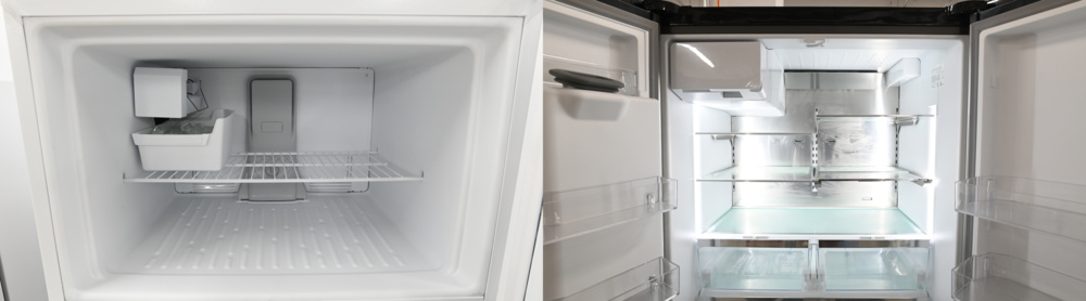 Image showing two different ice maker locations. One inside the freezer compartment and the other in the refrigerator compartment. The Whirlpool WRT311FZDW is on the left, and the Bosch 500 Series B36FD52SNS is on the right.