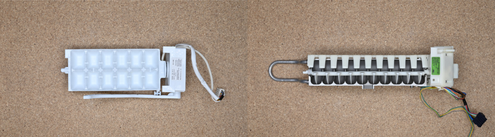 An image depicting a plastic twist-tray ice maker versus a metal, ejector-style ice maker.