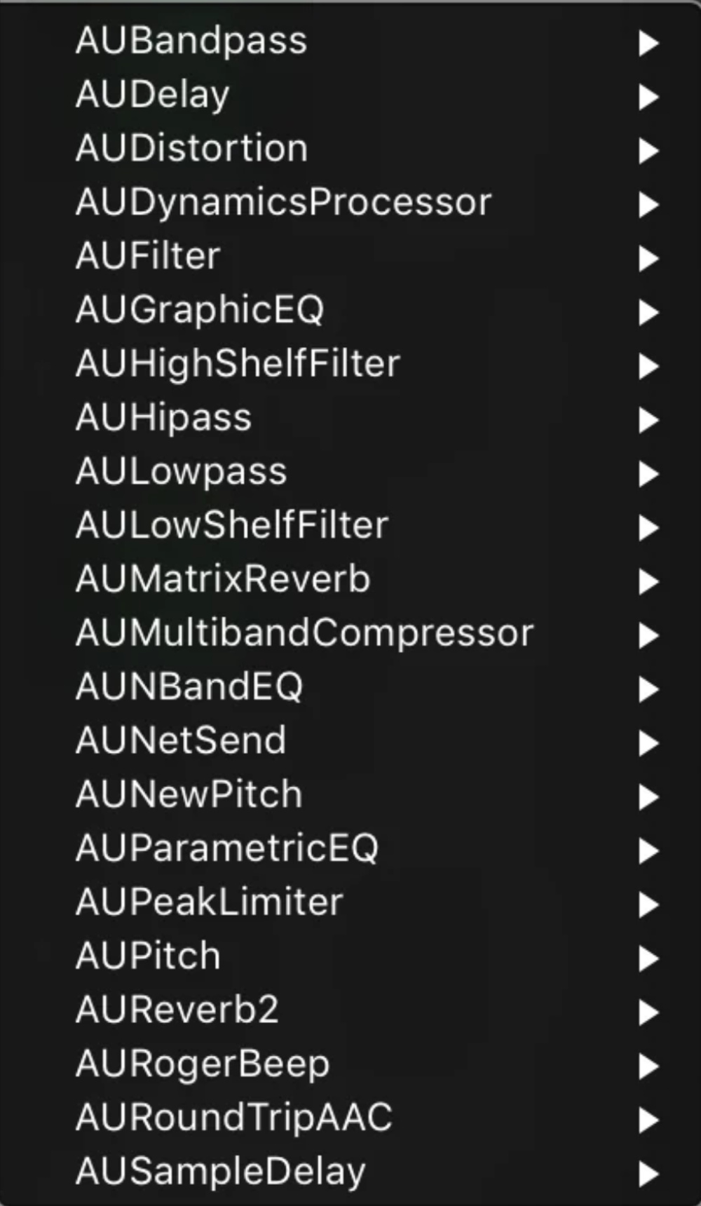 A list of AU plugins that come with macOS.