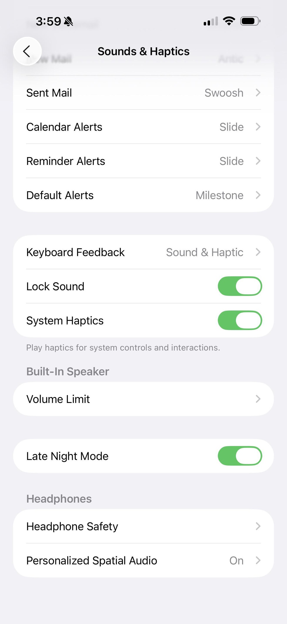 A screenshot of iOS sound options.