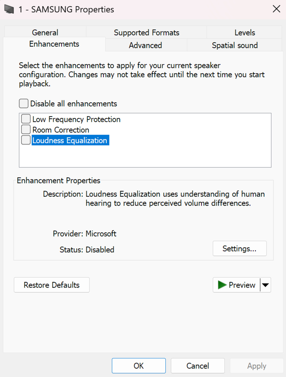 A screenshot of Windows audio enhancements.