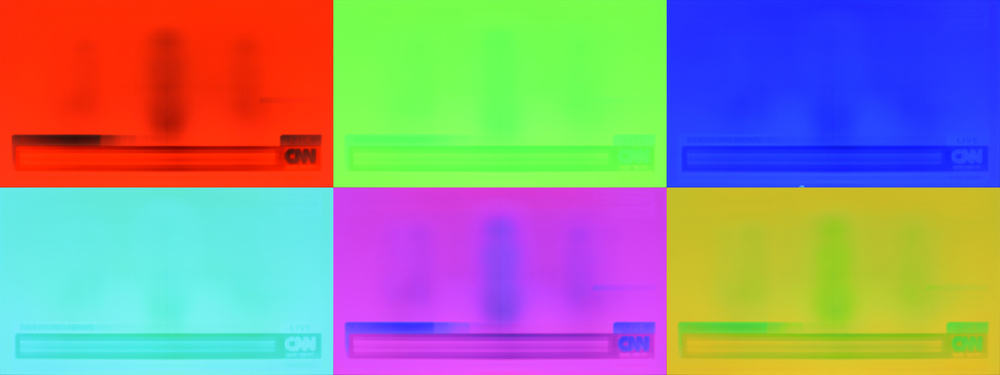 Figure showing the visible burn-in on individual red, green, blue, cyan, magenta, and yellow uniformity slides on the 2021 LG C1 OLED after running CNN for 18,000 hours.