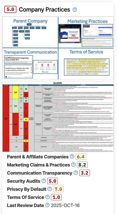 A screenshot of the company practices box on the NordVPN review.