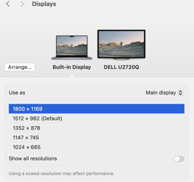 Display settings on macOS.
