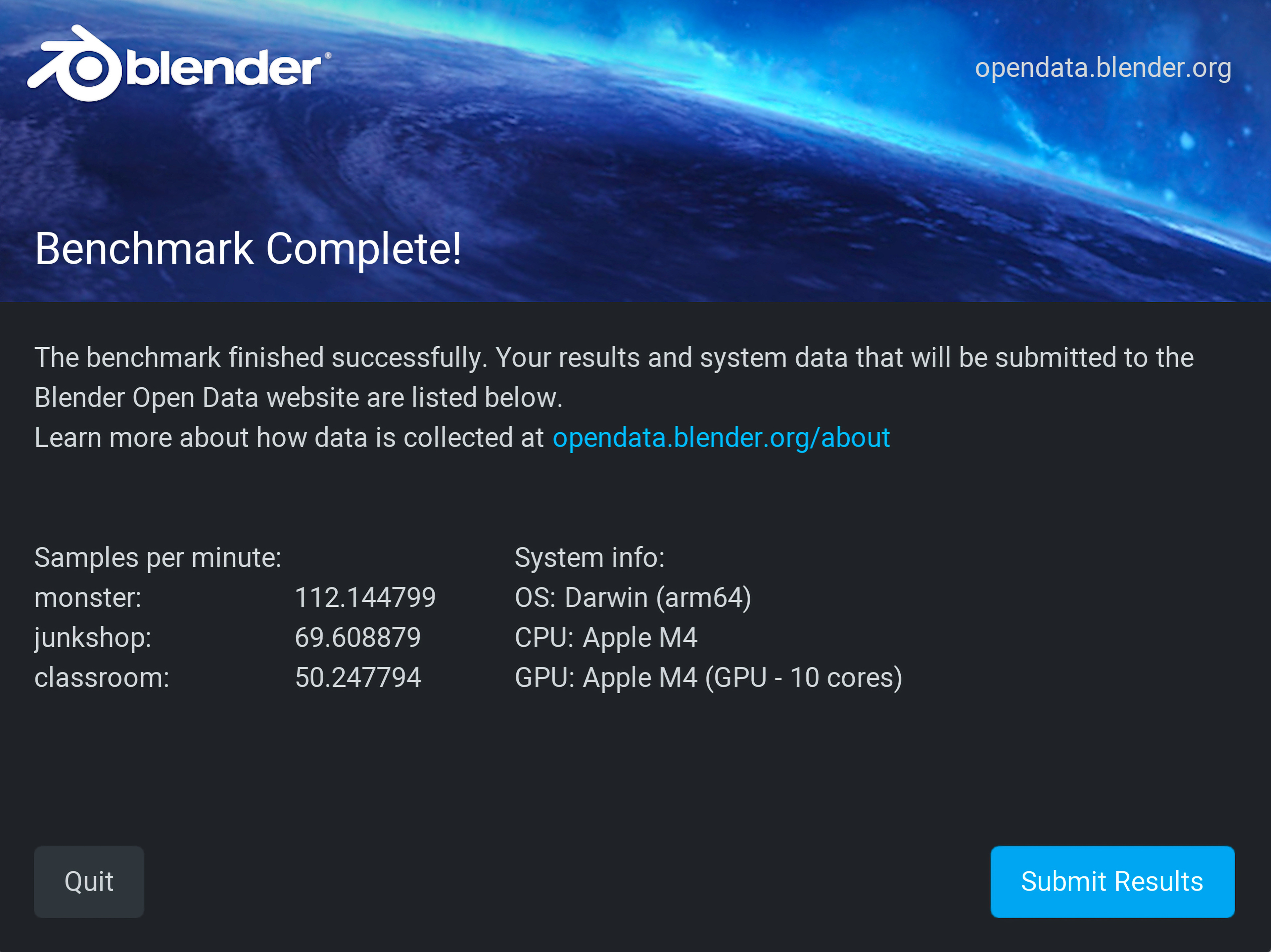 This image shows what the Blender window looks like after running the benchmark.
