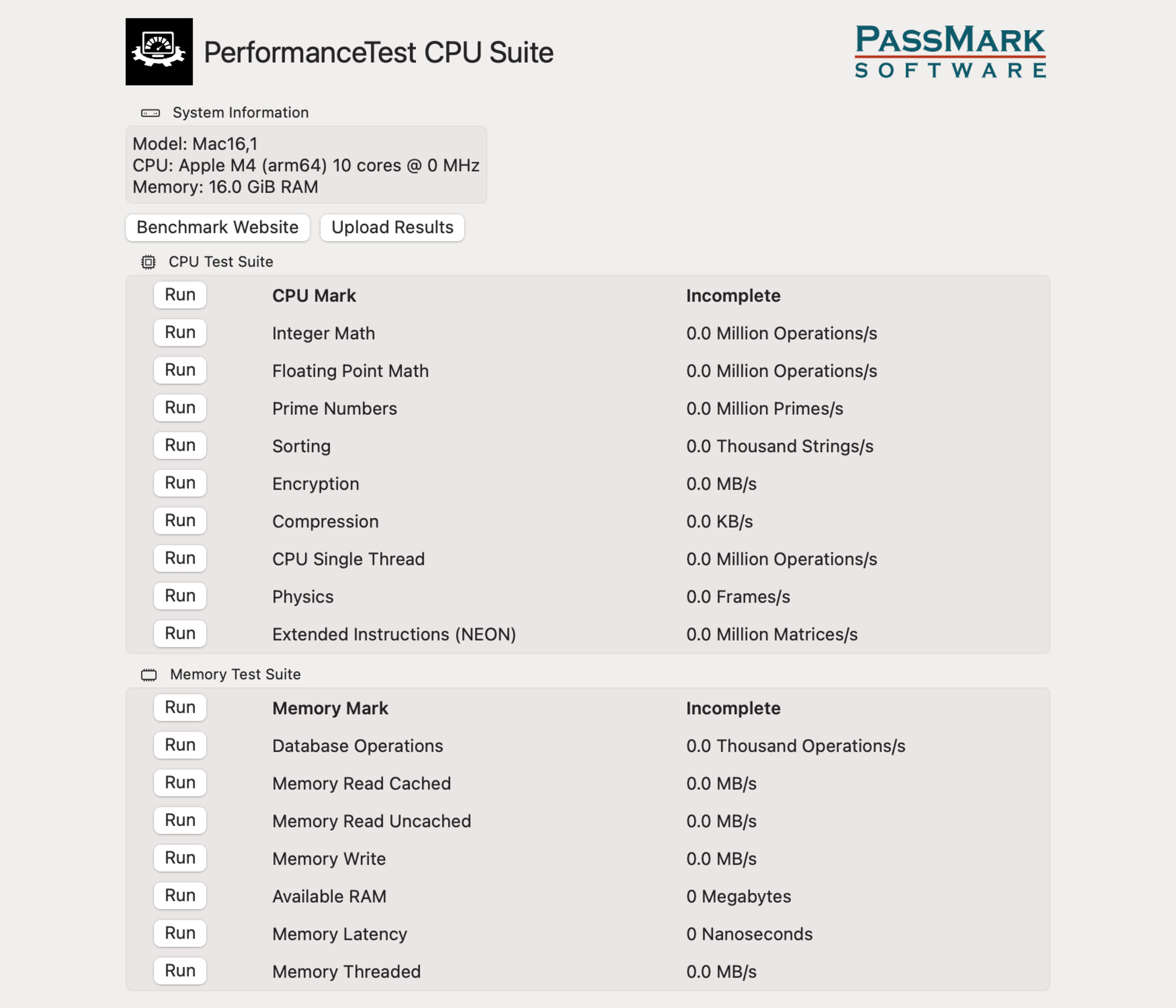 This image shows Passmark's CPU and memory tests, including integer math, prime numbers, compression, physics, memory latency, etc.