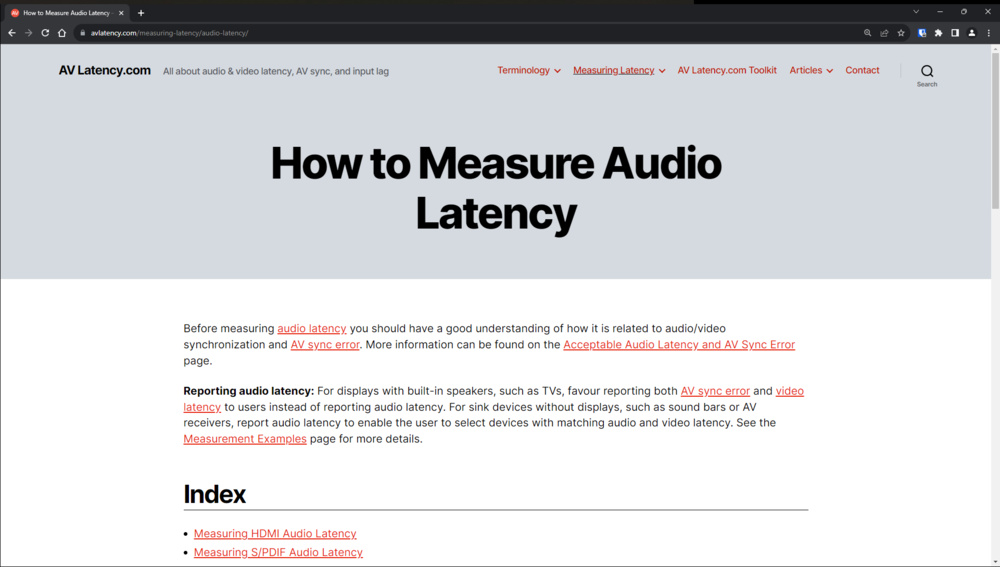 AVLatency.com webpage detailing audio latency measurements