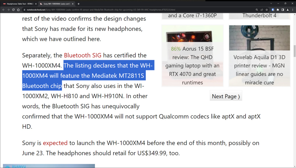 Article from Notebook Check referencing changes in the Bluetooth chip used for the XM4