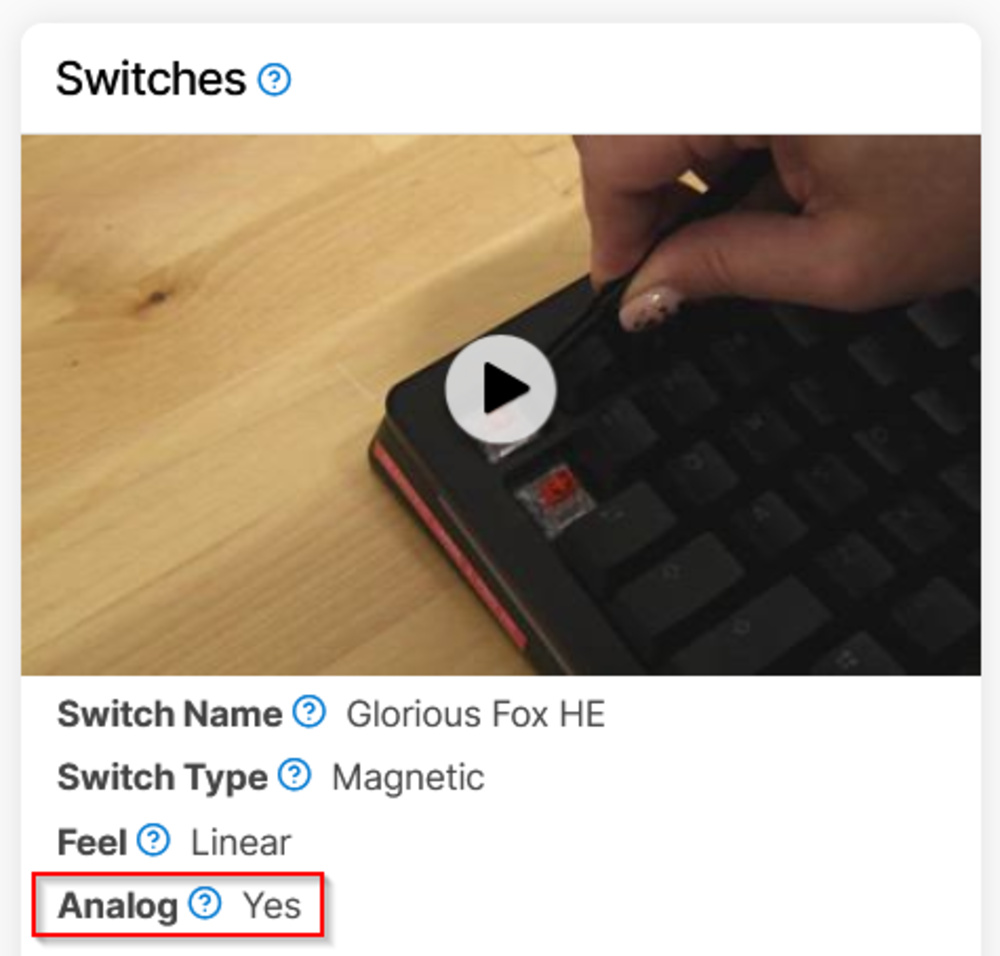 Our old Analog test, showing a Yes result on our previous Test Bench 1.3.1 in the review for the GLORIOUS GMMK 3 PRO HE.