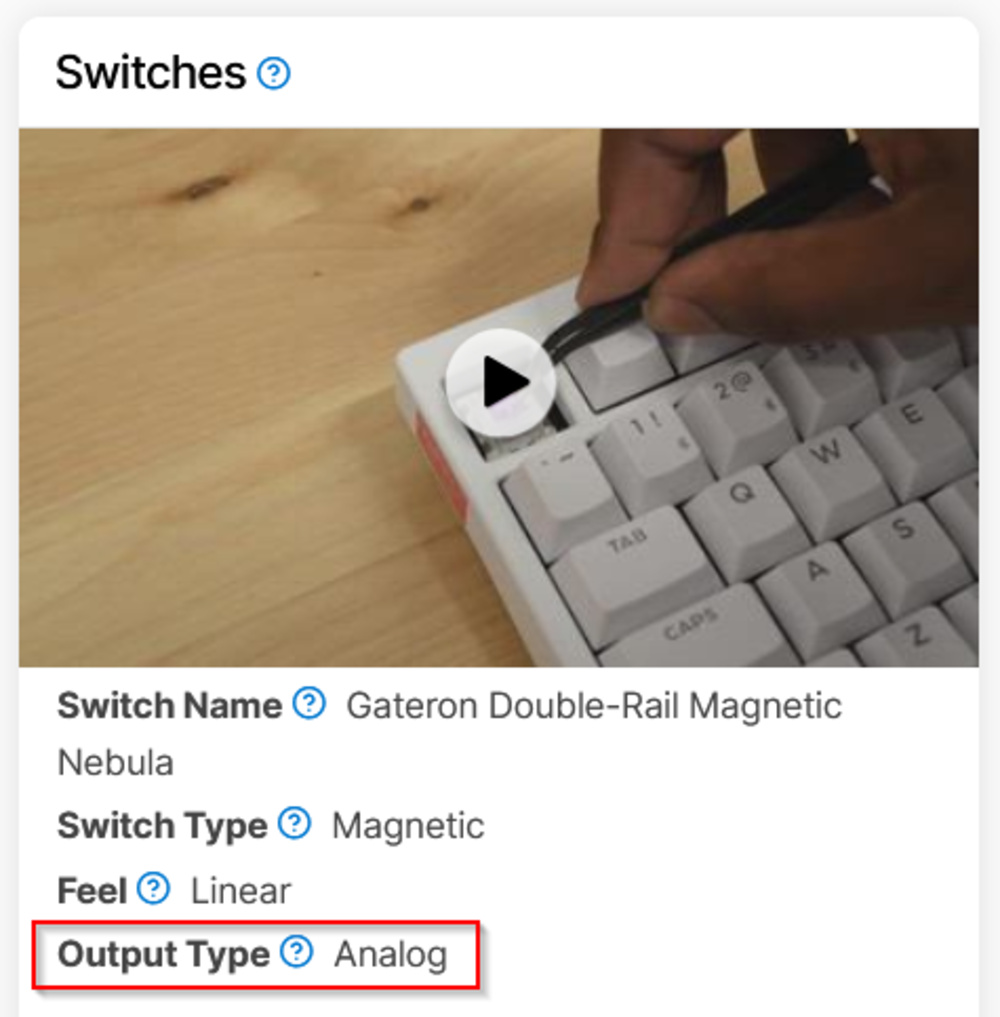 Our new Output Type test on Test Bench 1.4, showing an Analog result from our review of the Lemokey P1 HE.