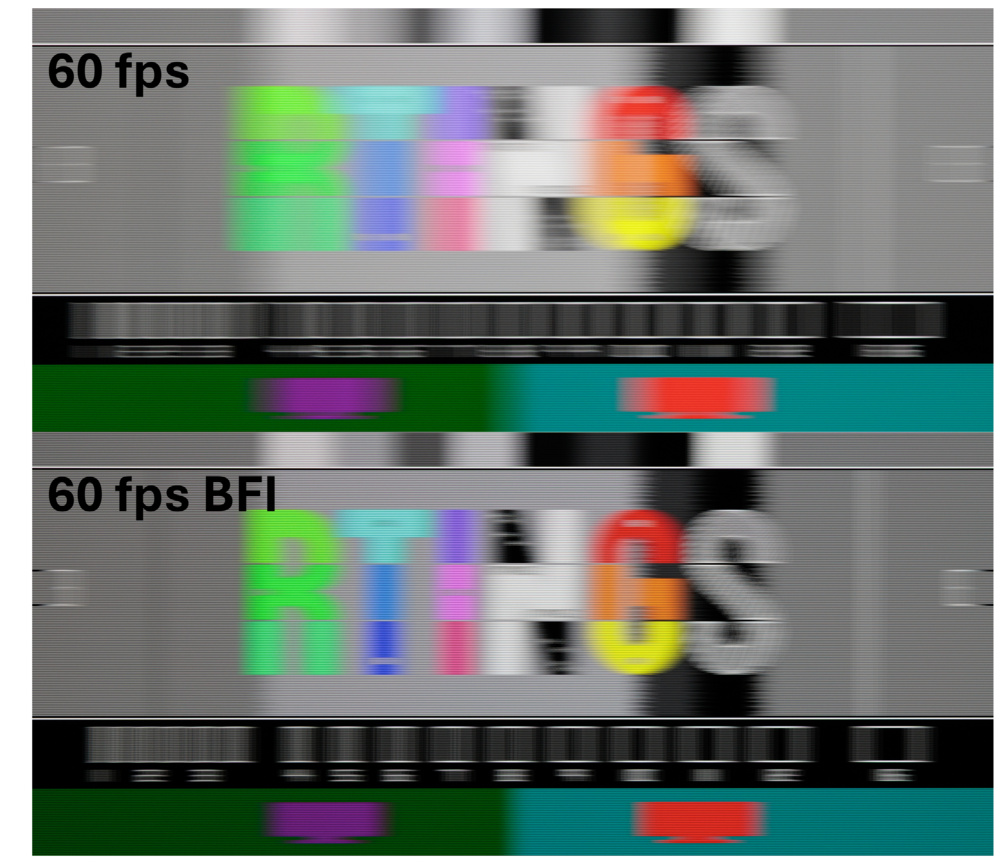 Comparison of pursuit photo for the LG G5 at 60 fps with and without black frame insertion (BFI).
