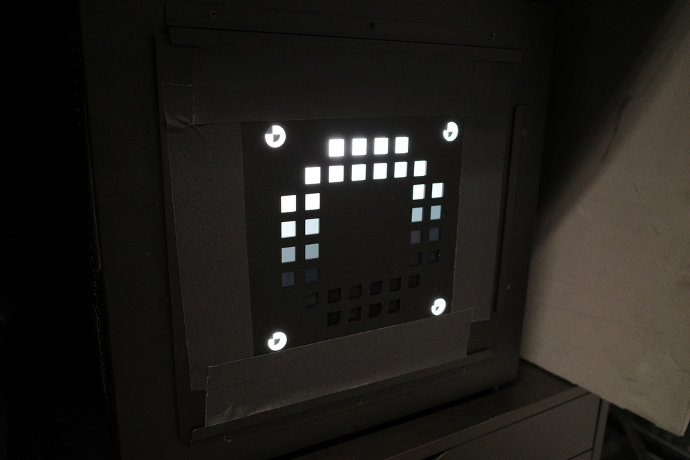 An illuminated 36-patch dynamic range test chart