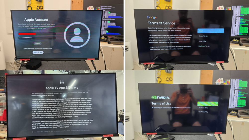 Photographs of the setup process, privacy agreements, and terms of service for the Apple TV 4K and NVIDIA Shield streaming devices