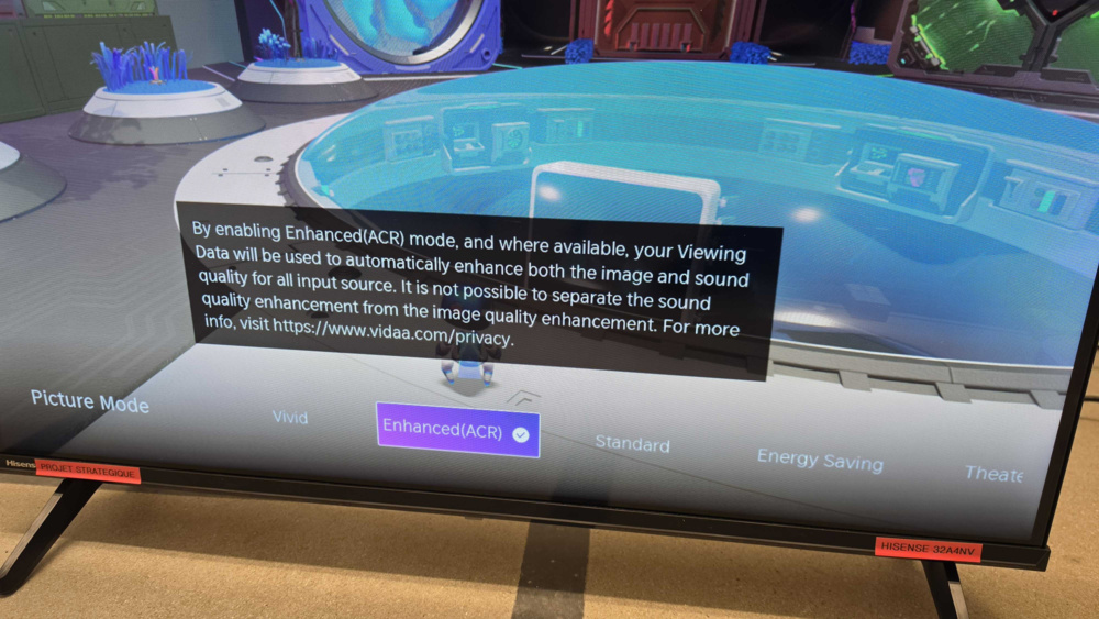 On the Hisense 32A4NV (running VIDAA OS), ACR appeared as "Enhanced (ACR)" picture mode. The prompt framed viewing data collection as a way to improve picture and sound quality, not as an advertising or measurement choice.