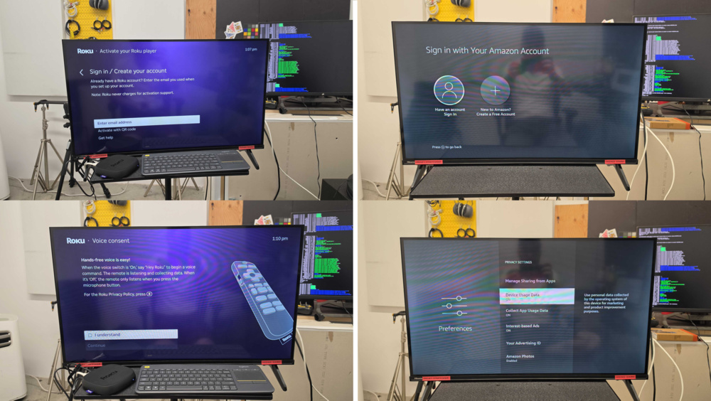 Photographs of the setup processes for the Roku Ultra and the Fire TV streaming devices