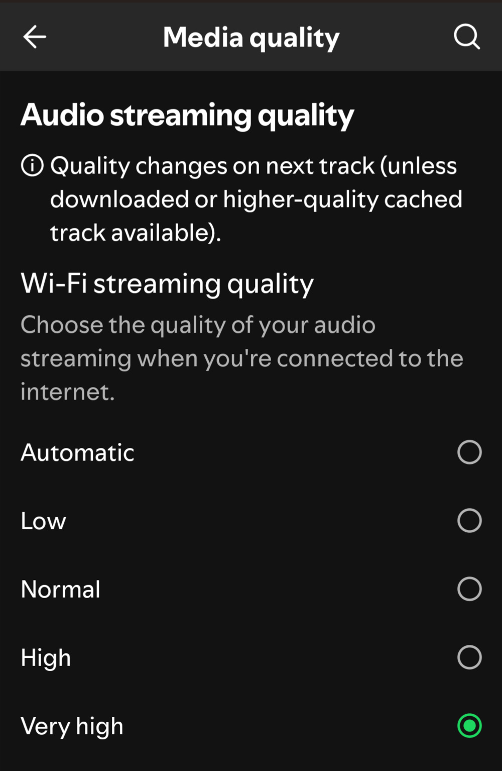 A screenshot of the media audio streaming quality on Spotify using Wi-Fi ranges from low to very high or automatic.