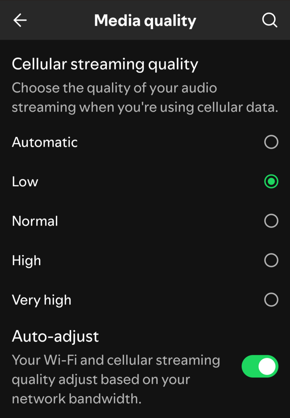 A screenshot shows media quality selection options for audio streaming over Spotify ranging from low to very high or automatic.