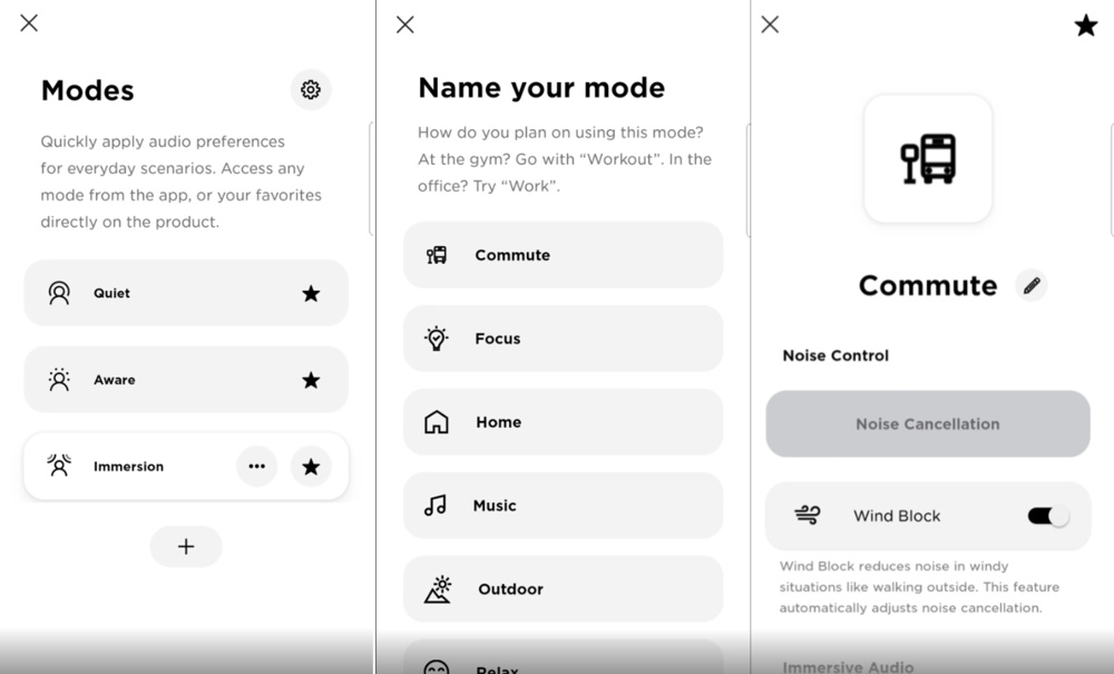 Three screenshots show how to customize your listening mode presets for ANC and Aware modes in the Bose Music app.