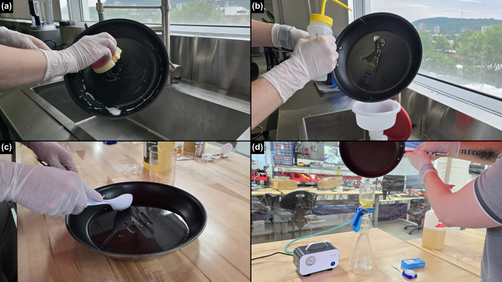Photographs of the cookware oil-filtration workflow. Cookware was washed and rinsed before oil was added and stirred with a plastic spoon. The oil was then membrane filtered under a light vacuum