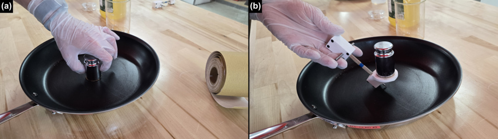Photographs of the standardized mechanical wear procedure, including roughening with sandpaper and scratching with a hardness test pen.
