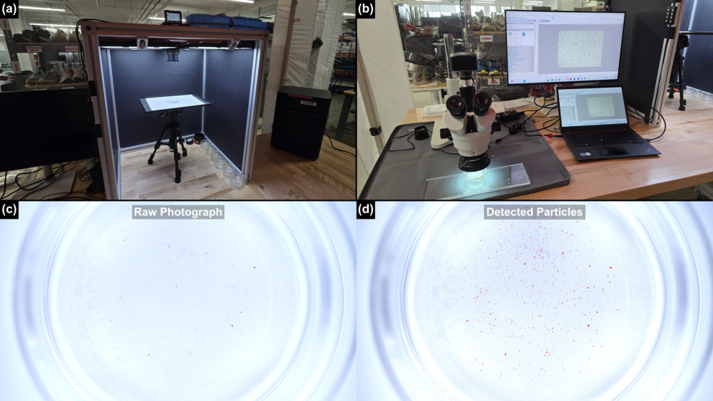 Photographs of the membrane filter photography, microscopy, and particle detection steps.