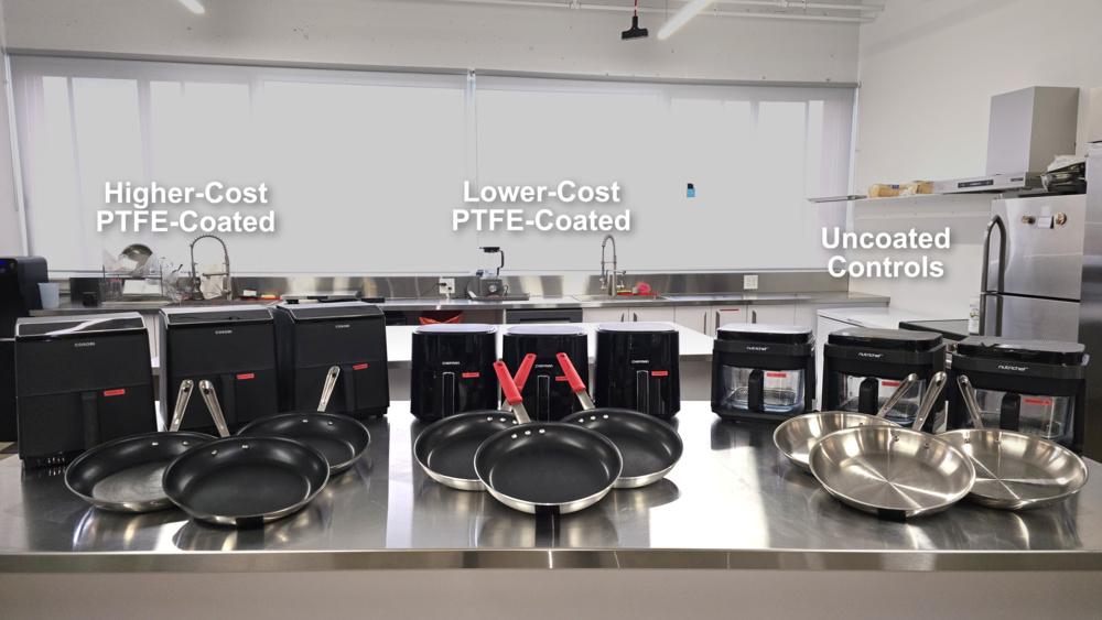 Photograph of the 18 skillets and air fryers tested in this work