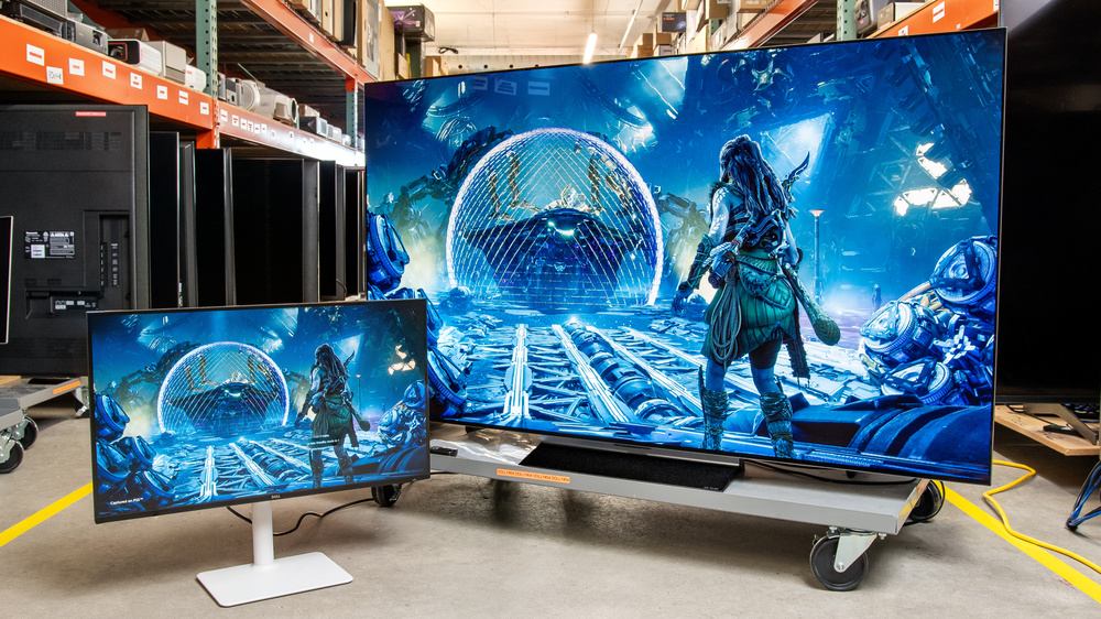 A Dell monitor next to an LG OLEDTV in the RTINGS.com lab.