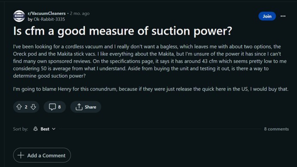 Reddit post about suction and airflow