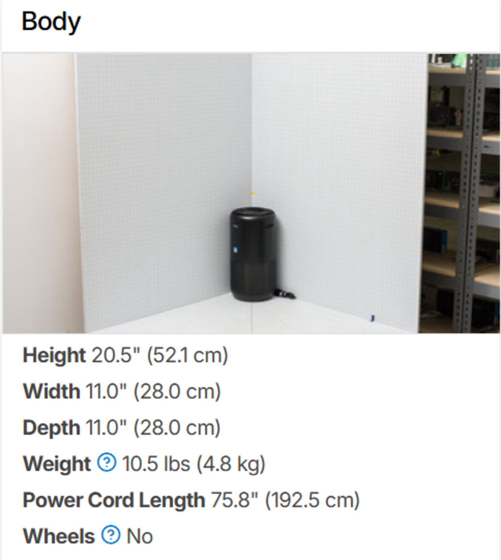 A screenshot illustrating the 'Body' test for the Levoit Core 400S in the older version 1.2 of our testing methodology.