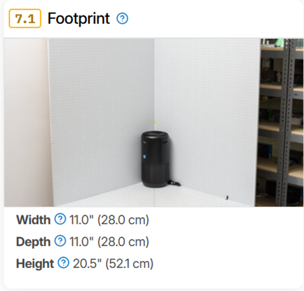 A screenshot demonstrating the new 'Footprint' test for the Levoit Core 400S in version 1.3 of our testing methodology.