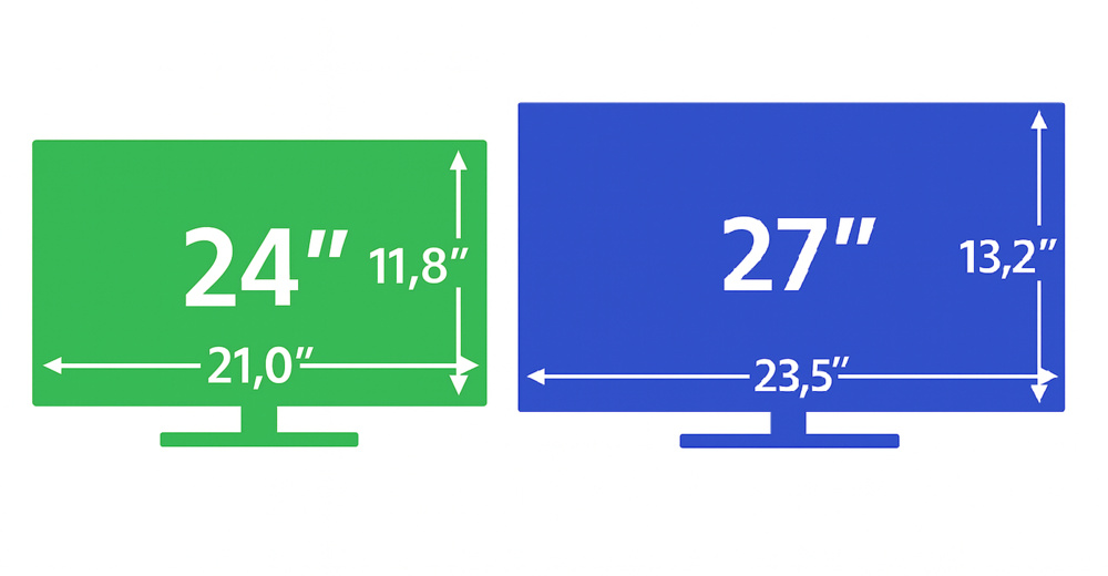 A graphic showing the difference in screen size between 24 and 27-inch monitors.