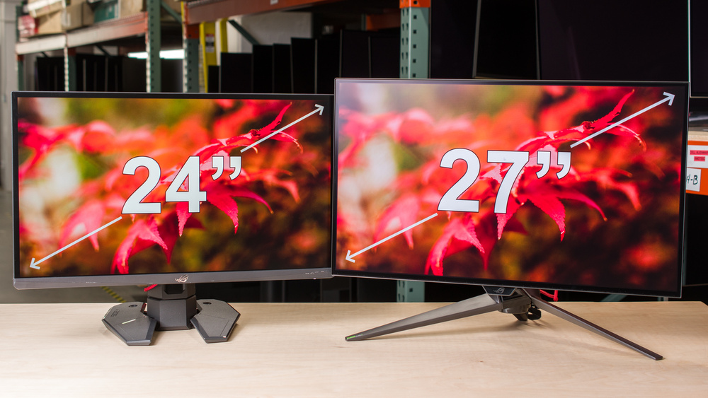 A 24-inch monitor next to a 27-inch monitor.