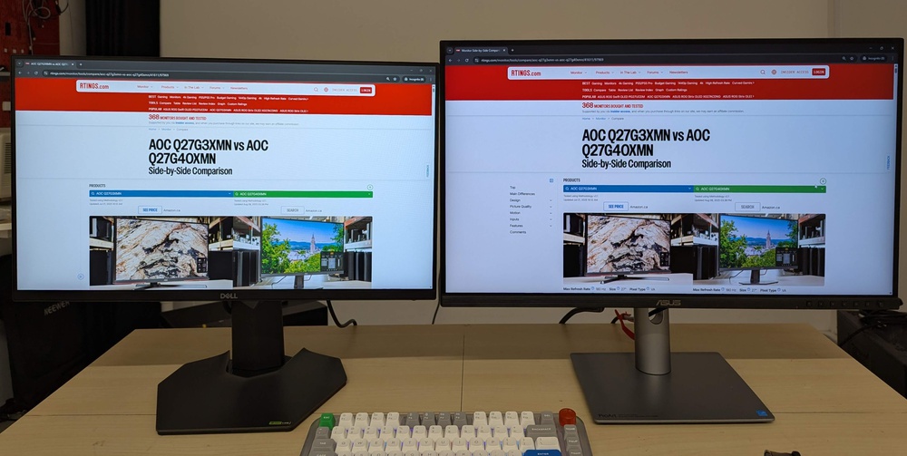 A 24-inch monitor next to a 27-inch monitor to show the differences in screen sizes.