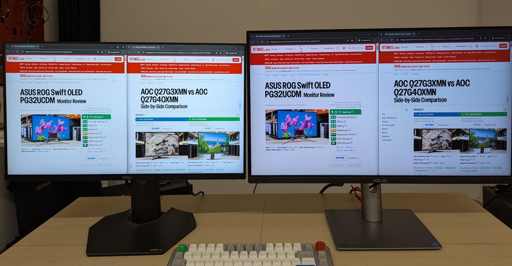 25 and 27-inch monitors with windows side-by-side on their screens.