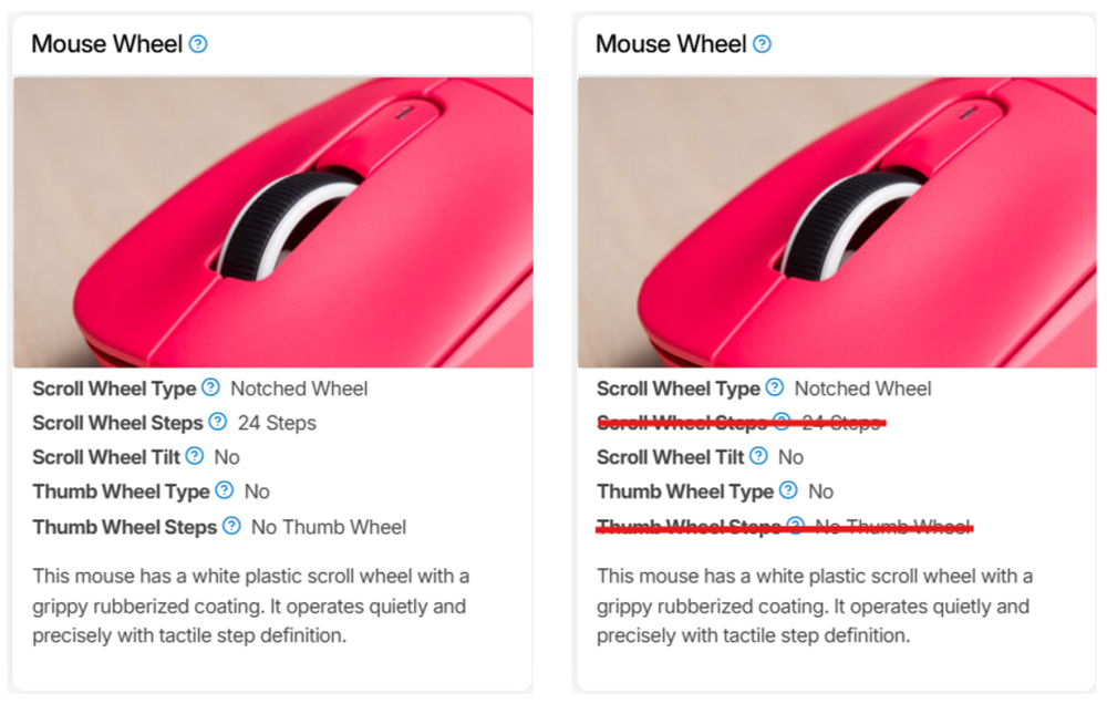 Side-by-side comparison of the Mouse Wheel test group before and after the 1.5.1 changes. The left side shows the original format with details for Scroll Wheel Type, Scroll Wheel Steps, Scroll Wheel Tilt, Thumb Wheel Type, and Thumb Wheel Steps. The right side shows the updated version with Scroll Wheel Steps and Thumb Wheel Steps removed, indicated by red strikethroughs.