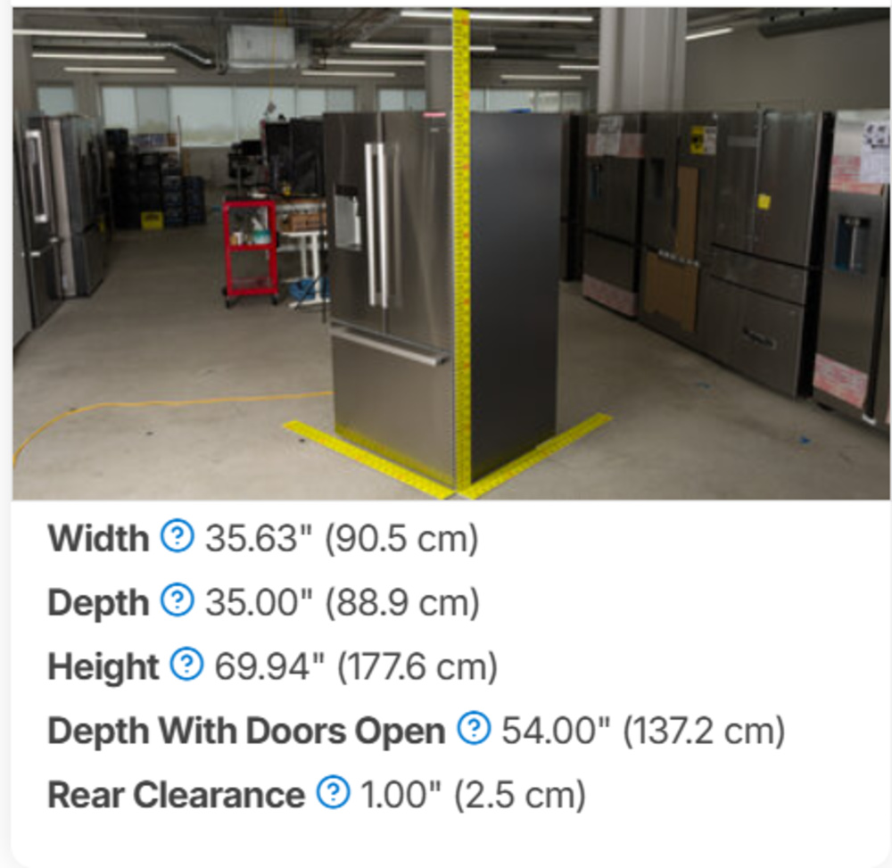 Measurement data accompanied by a fridge photo with rulers resting on all axes. "Depth With Doors Open" reads 54.00" (137.2 cm).