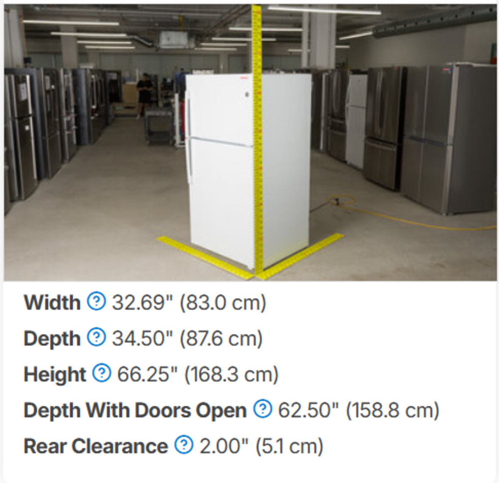 Measurement data accompanied by a fridge photo with rulers resting on all axes. "Depth With Doors Open" reads 62.50" (158.8 cm).