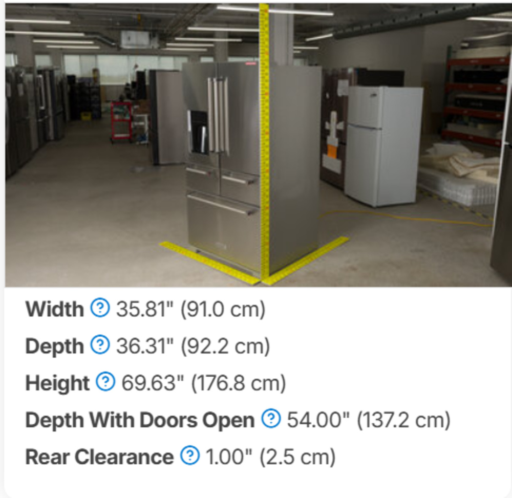 Measurement data accompanied by a fridge photo with rulers resting on all axes. "Depth With Doors Open" reads 54.00" (137.2 cm).
