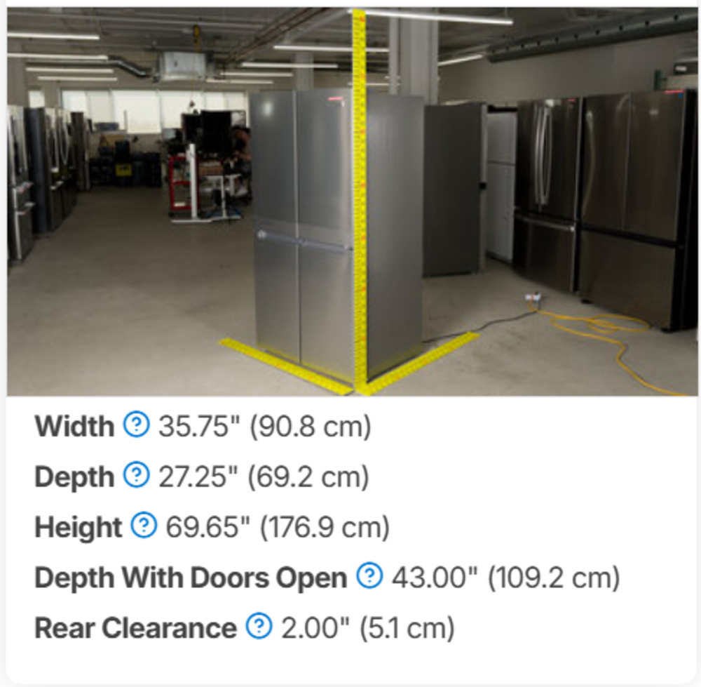 Measurement data accompanied by a fridge photo with rulers resting on all axes. "Depth With Doors Open" reads 43.00" (109.2 cm).