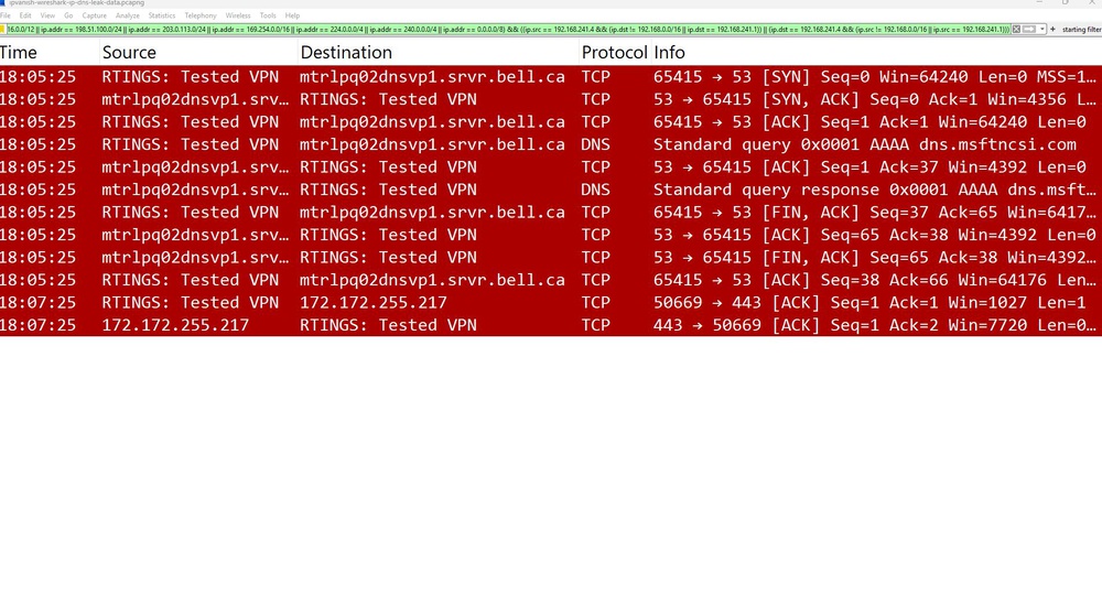 A screenshot of IPVanish sending DNS queries to our default DNS provider on Wireshark.