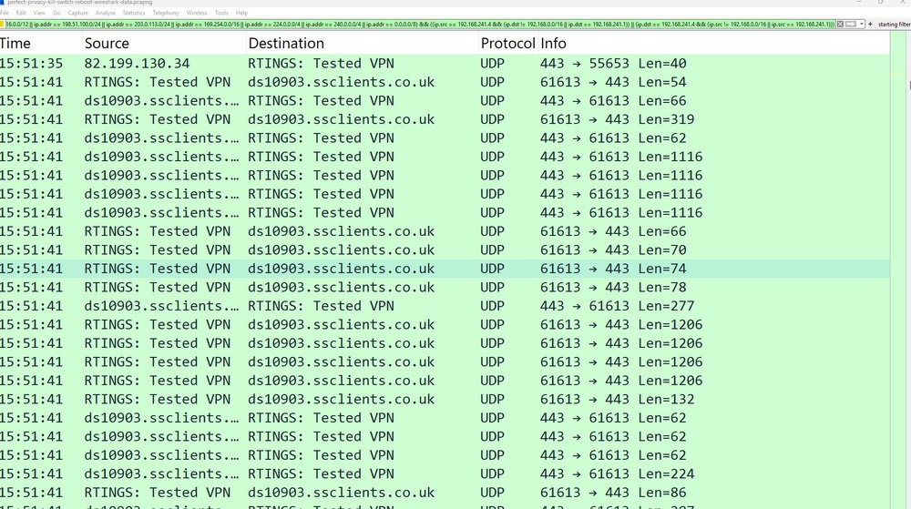 A screenshot of Perfect Privacy passing our kill switch leak test on Wireshark.