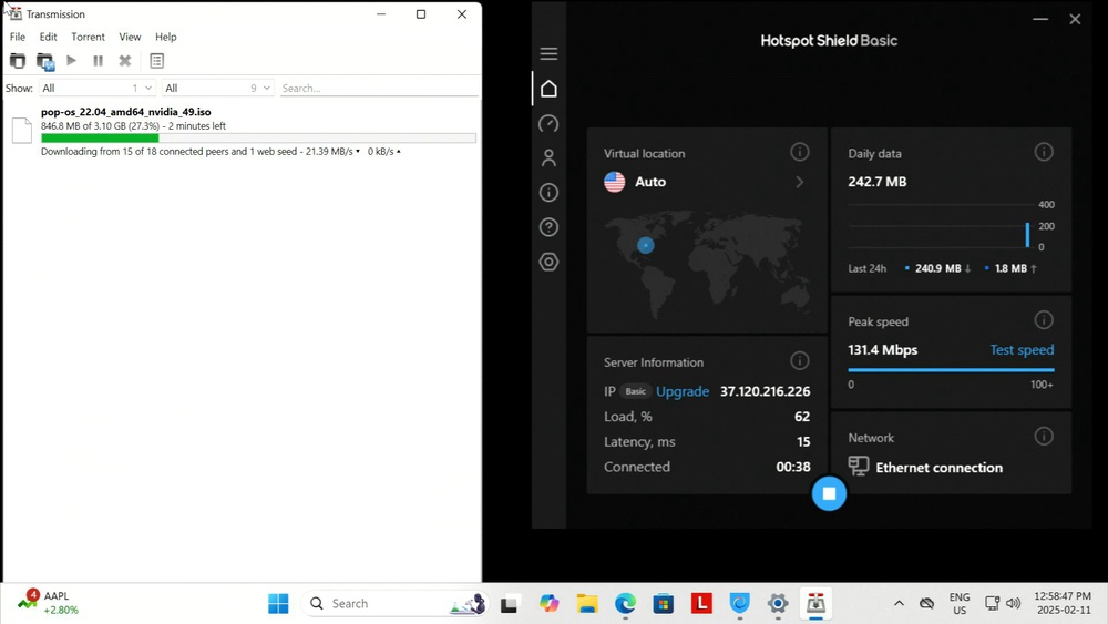 Screenshot of Hotspot Shield Free downloading a torrent file.
