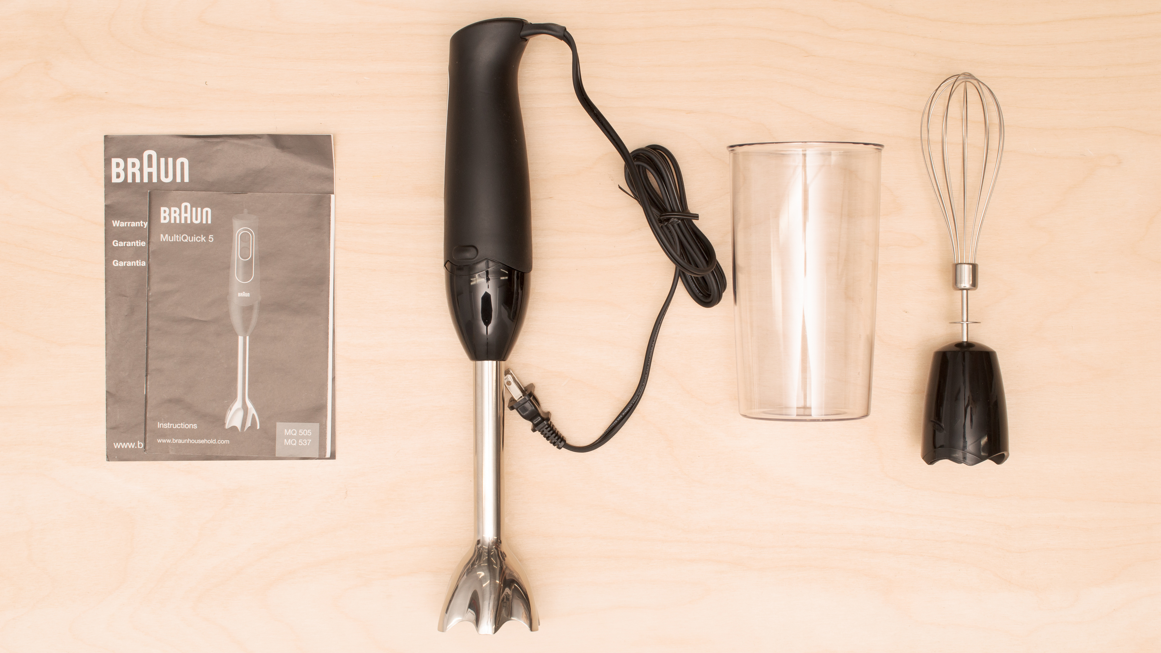 Some common accessories for immersion blenders include blending beakers and whisk attachments (Braun MultiQuick 5)