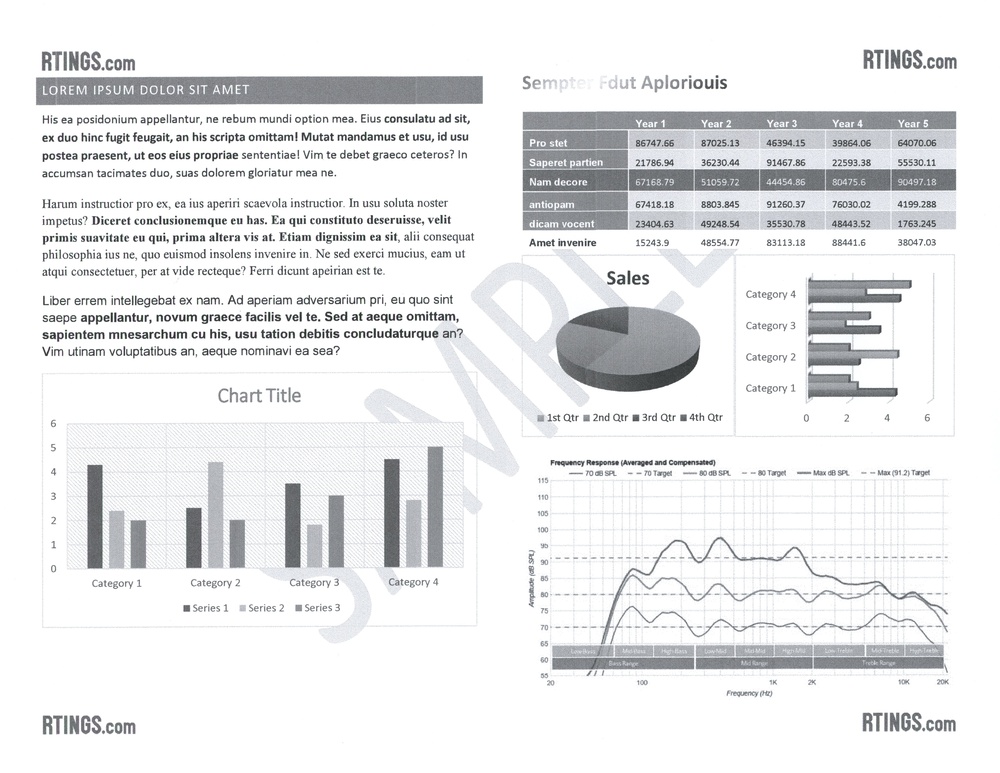 A black-and-white document print sample that includes text as well as various graphs. This image is taken from our Epson EcoTank Photo ET-8550 review.