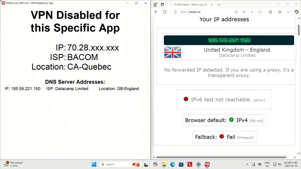 Screenshot of our split tunneling testing application.