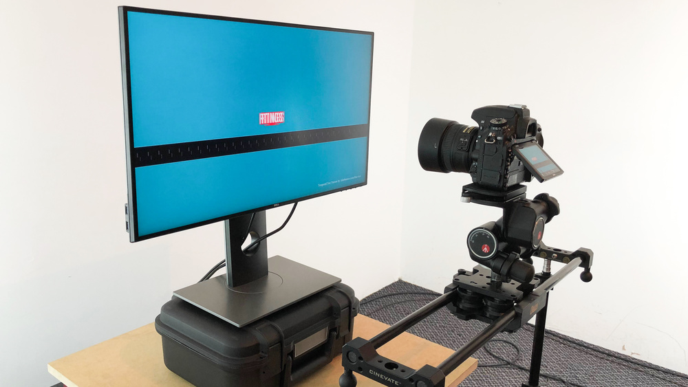 A camera in front of a monitor to capture its motion handling.